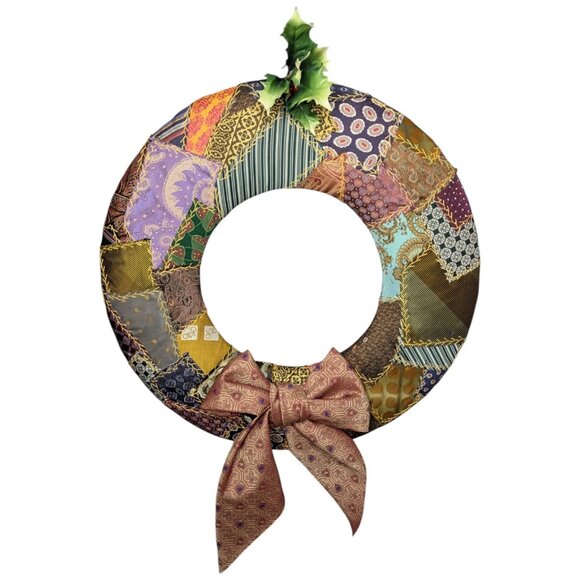 Hand Crafted Wall Hanging Quilt Like Wreath Made of Men's Ties & Scarves 20" - Picture 1 of 15